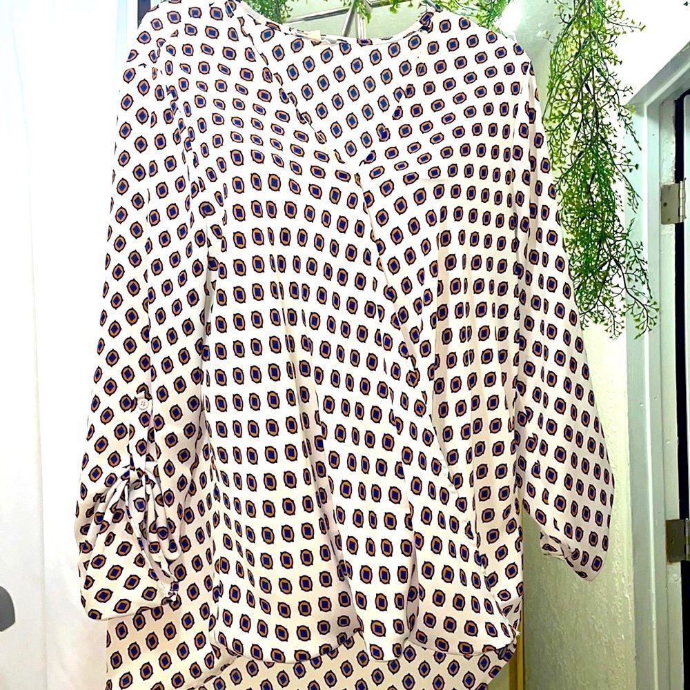 Women's Cream Patterned Blouse with Navy and Black Accents